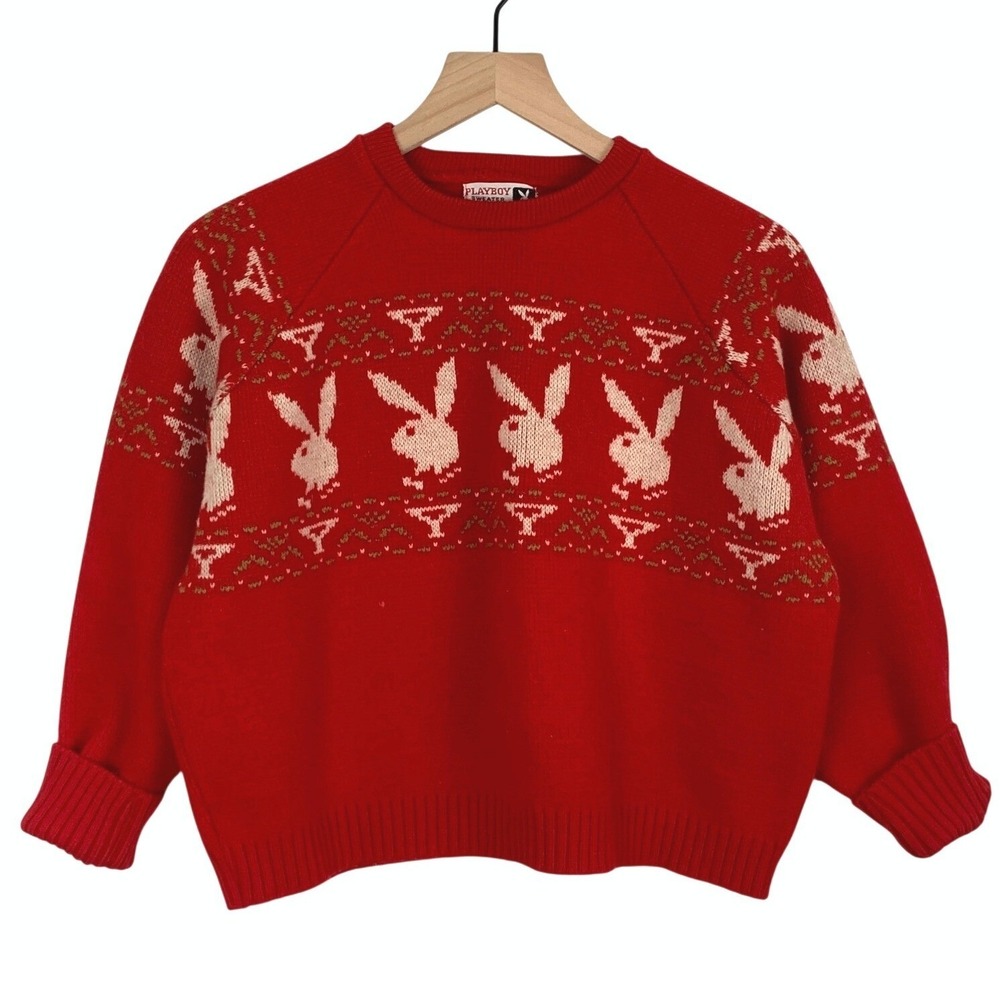 VTG 60s Playboy All Wool Bunny Logo Intarsia Knit Crewneck Sweater Sz XL USA